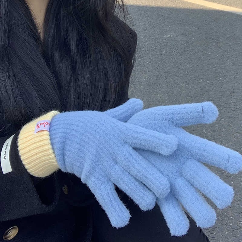 니트 캐시미어 장갑 여성용 겨울 새로운 터치 스크린 기모 따뜻한 두꺼운 방한 손가락 한국 스타일 울 장갑 트렌디