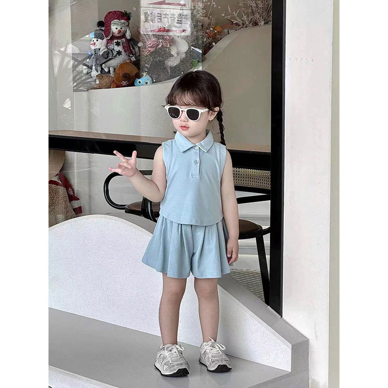[Pique Cotton] Girls' Polo Shirt Two-Piece Set: Sleeveless Pleated Skirt and Pants (65% Cotton, 35% Polyester)