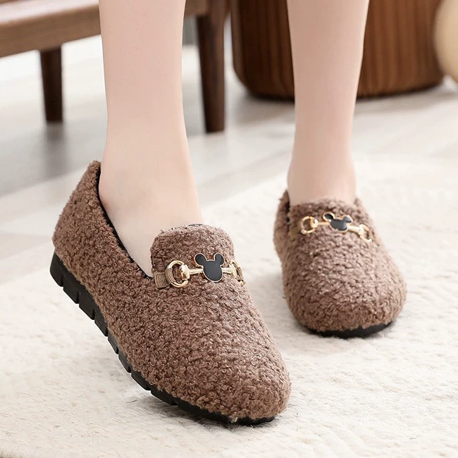 Женская хлопчатобумажная обувь на осень и зиму, плюшевая утолщенная теплая обувь, меховые хлопчатобумажные туфли на плоской подошве в корейском стиле, туфли для мам, туфли Baita Doudou.