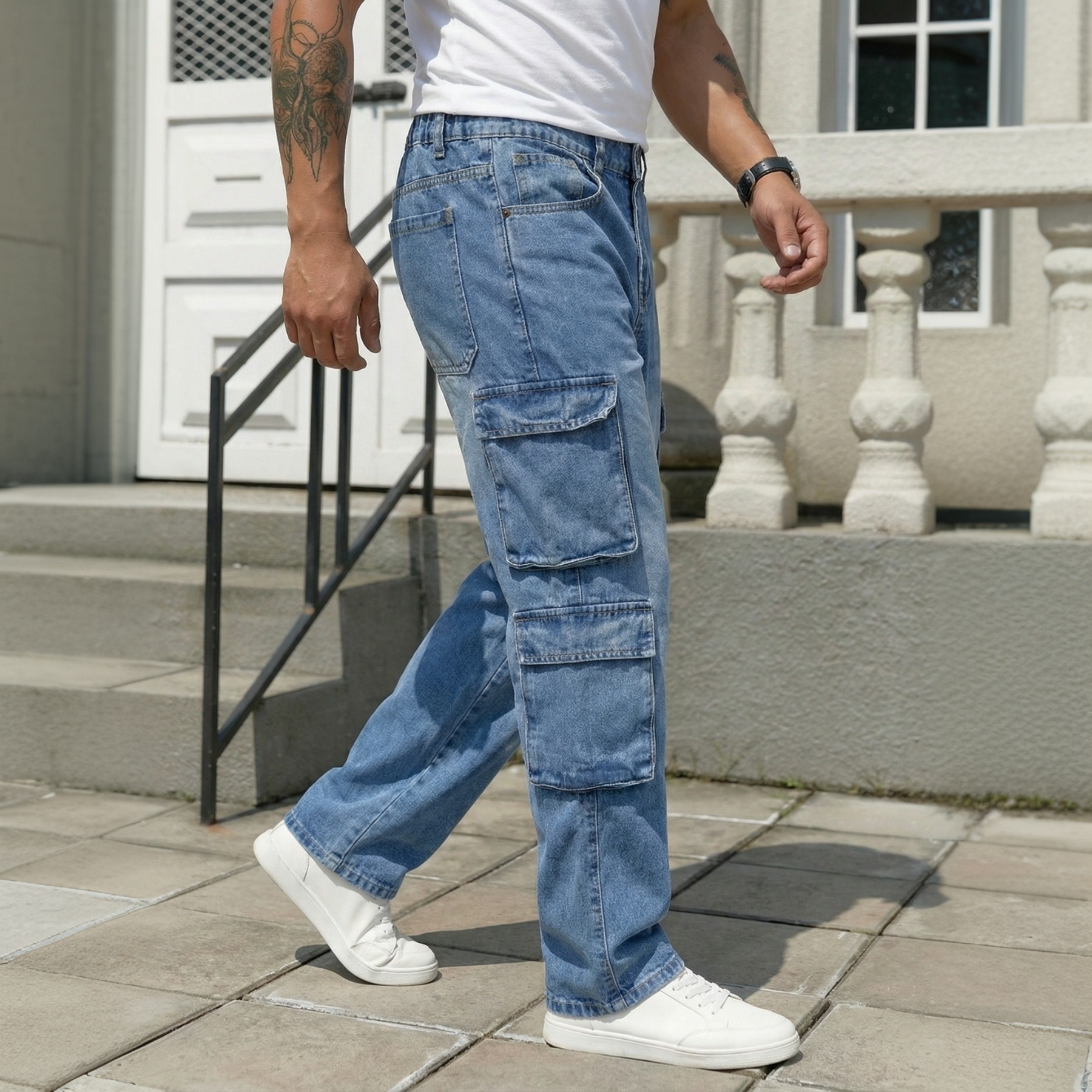 Jean cargo homme coupe droite et ample, taille haute, style rétro américain, pantalon tendance streetwear_voghion.com