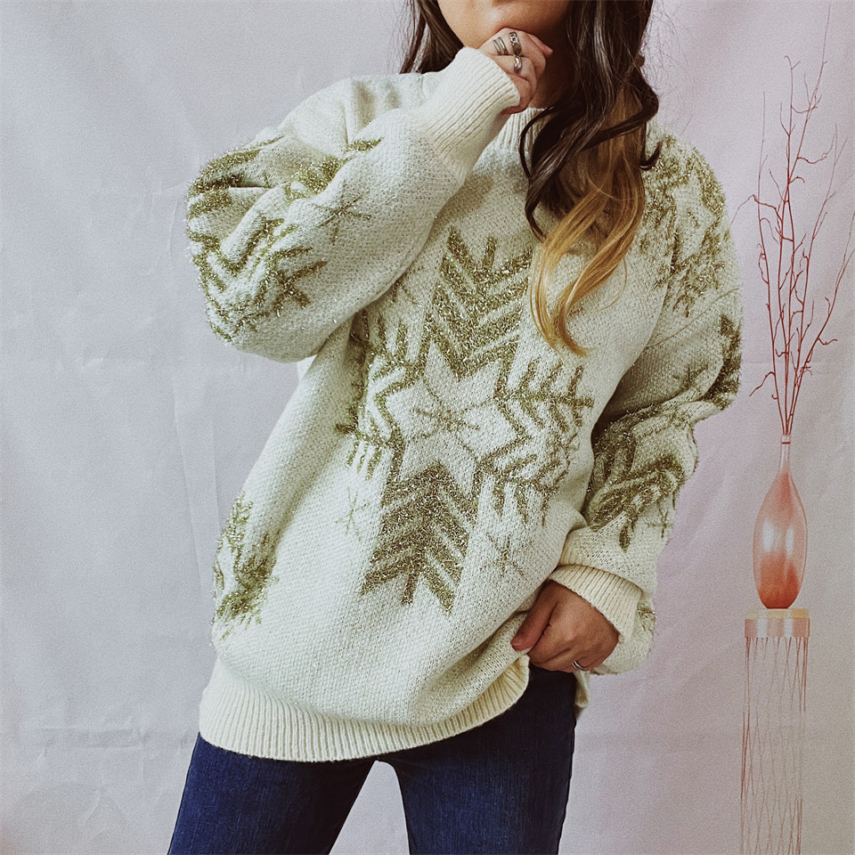 Women's Clothing Autumn and Winter Loose Gold Thread Big Snowflake Christmas Sweater Round Neck Long Sleeve Thick Pullover Women_voghion.com