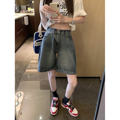 Vintage Cowboy Short Women's Summer Thin High-Waist Loose Versatile Slimming Plus Size Wide Leg Five-Finger Pants