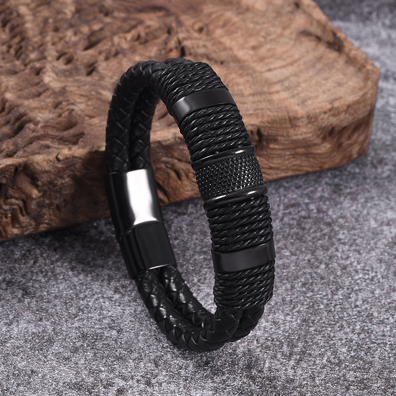 Men's Gender Plating Design Streetwear Style Streetwear Geometric Pu Leather Titanium Steel Plating Men's Bangle
