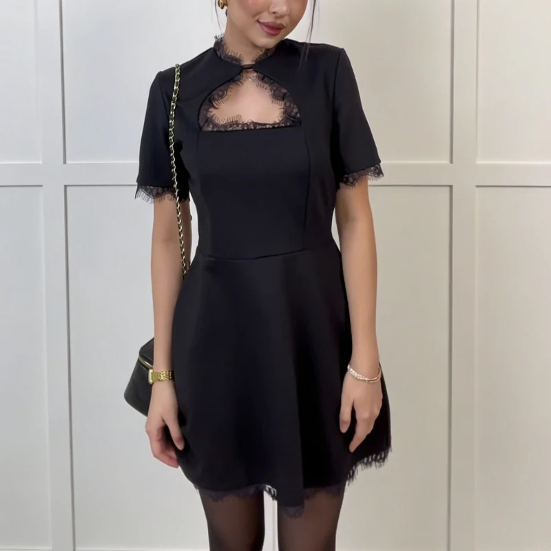 Women's Elegant Lace Panel Hollow Out Short Sleeve Belted A-Line Mini Dress – Casual Summer Black Gown_ecoleips.com