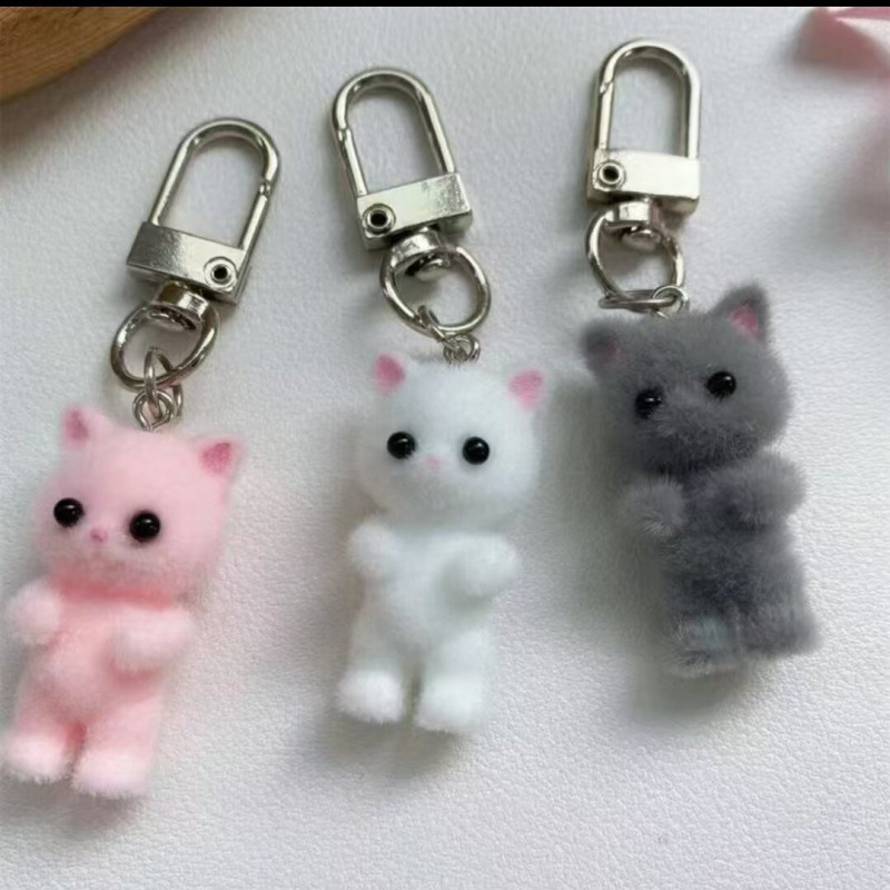 Cute Cartoon Flocked Animal Phone Lanyard Mini Cat Keychain Pendant Sweet Cool Girly Heart Bag Charm