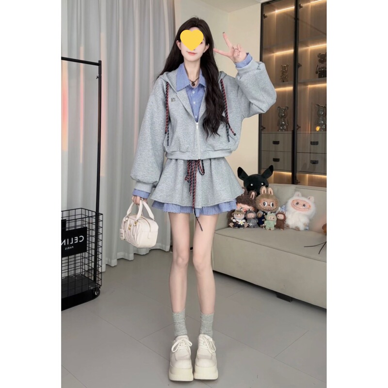 灰色卫衣套装女2025新款早秋学院风宽松休闲小个子半身裙两件套潮|undefined