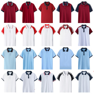 Summer School Uniforms for Primary and Secondary School Students, Short-Sleeved Polo Shirts for Junior High School Students, High School T-Shirt Tops, Light Blue, White and Red Class Uniform Suits