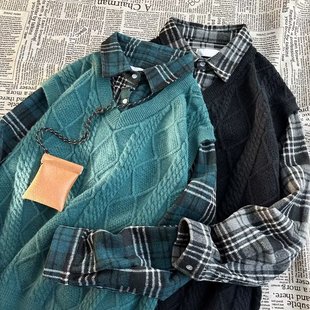 American college fake two-piece couple color matching knitted shirt men's autumn and winter New ins fashion brand artistic popular sweater