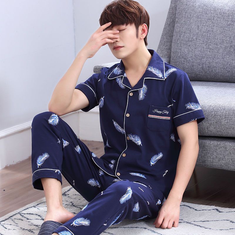 Pijama de algodón 100% de primavera y verano de los hombres pantalones de manga corta cardigan Delgado de los hombres de primavera y otoño de manga corta ropa para el hogar