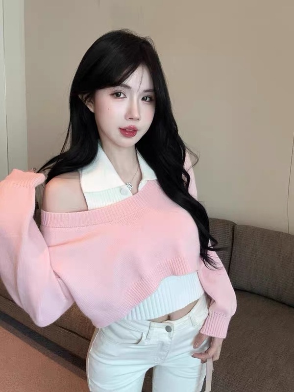 小个子polo领毛衣女学院风秋季新款短款针织两件套装慵懒翻领上衣|undefined