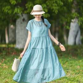 民族风重工刺绣短袖圆领蛋糕裙夏季透气薄款时尚纯色气质大摆长裙