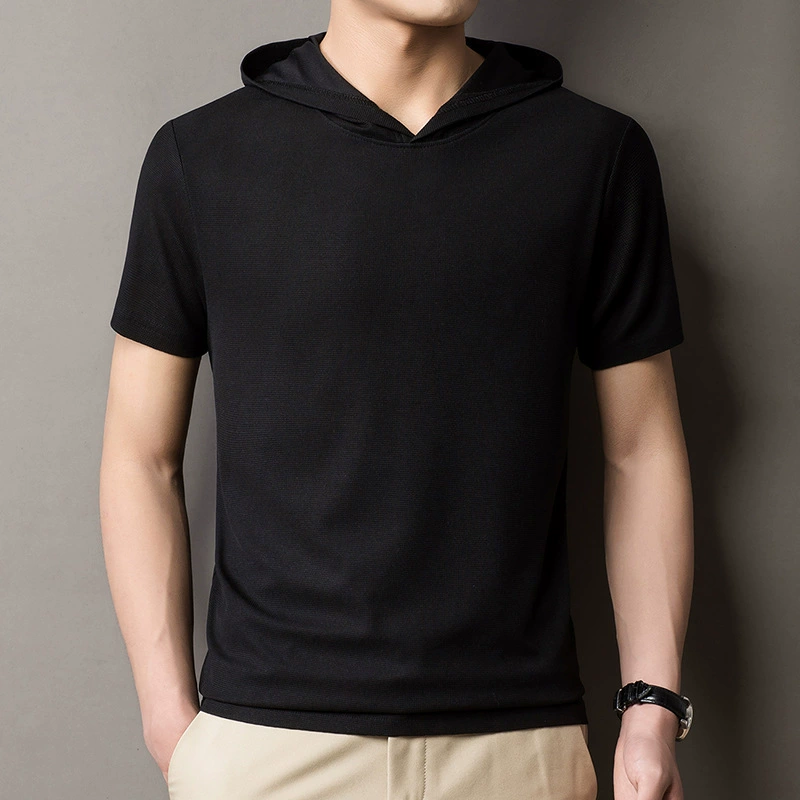 Летняя тонкая спортивная футболка с короткими рукавами и капюшоном, мужская деловая быстросохнущая одежда для бега и фитнеса на открытом воздухе, футболка из ледяного шелка, мужская одежда