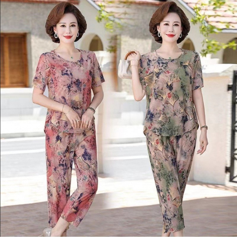 冰雪丝中老年妈妈装夏季套装短袖裤子休闲套大码家居服睡衣摆地摊