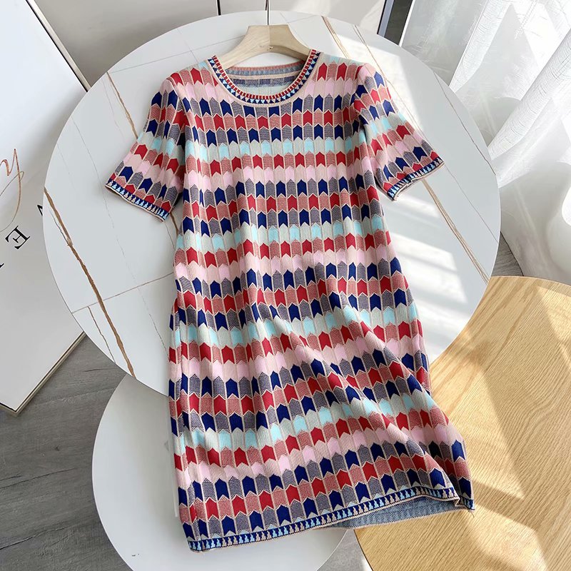 round neck short-sleeved straight ice silk knitted dress  NSAM53190