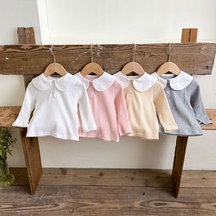 Baby Korean Sweet Style Doll Collar Long Sleeve Top 2024 Autumn New Baby Girl Base Shirt T-shirt