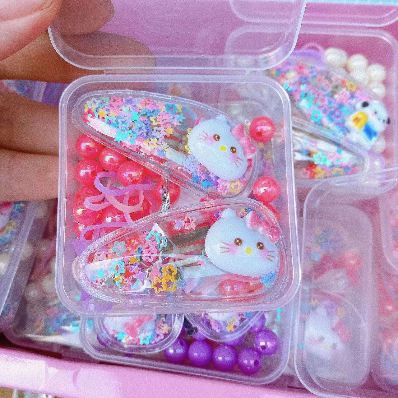 Accesorios para niños, pinzas para el cabello con cuentas, juegos para el cabello en caja, accesorios para el cabello para niñas, lindo bricolaje, lote hecho a mano