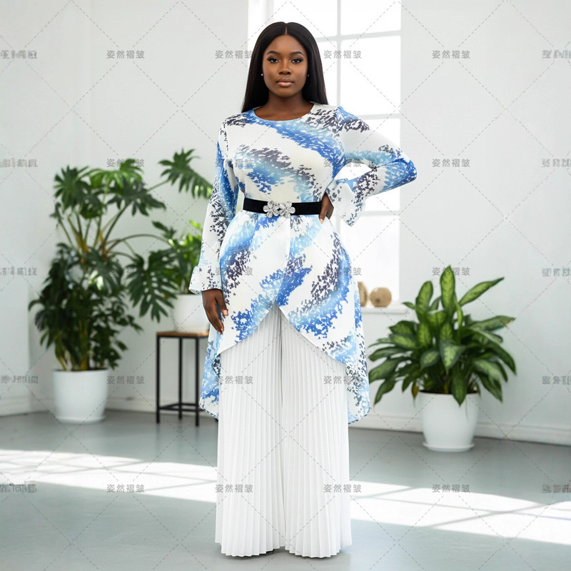 European and American Style Autumn and Winter Suits Plus Size Women's Clothing with a Complete Set of High-End Miyake Pleated Printed Pants Two-Piece Set