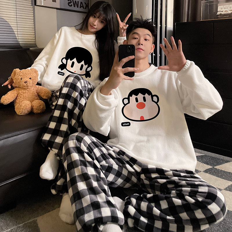 Pareja pijamas Otoño e Invierno arroz polar cuello redondo dulce de dibujos animados forrado de lana gruesa de coral cálido se puede usar fuera traje