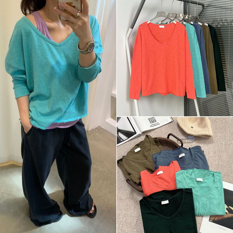 House26 Early Spring Five-Color Large V-Neck Soft Brushed Cotton Long-Sleeve Oversized Rolled Hem Loose T-Shirt for Women House26 Early Spring Five-Color Large V-Neck Soft Brushed Cotton Long-Sleeve Oversized Rolled Hem Loose T-Shirt for Women