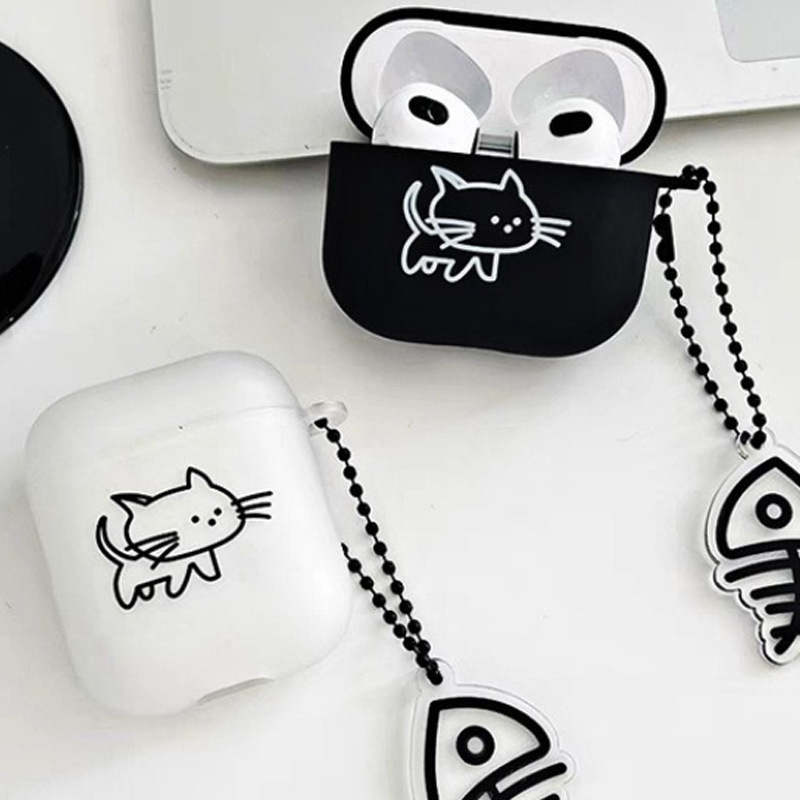 Apple AirPods 4 Generation Airpods Earphone Case Creative Black and White Cat Earphone Case Line Cat Fish Hanging Ornaments