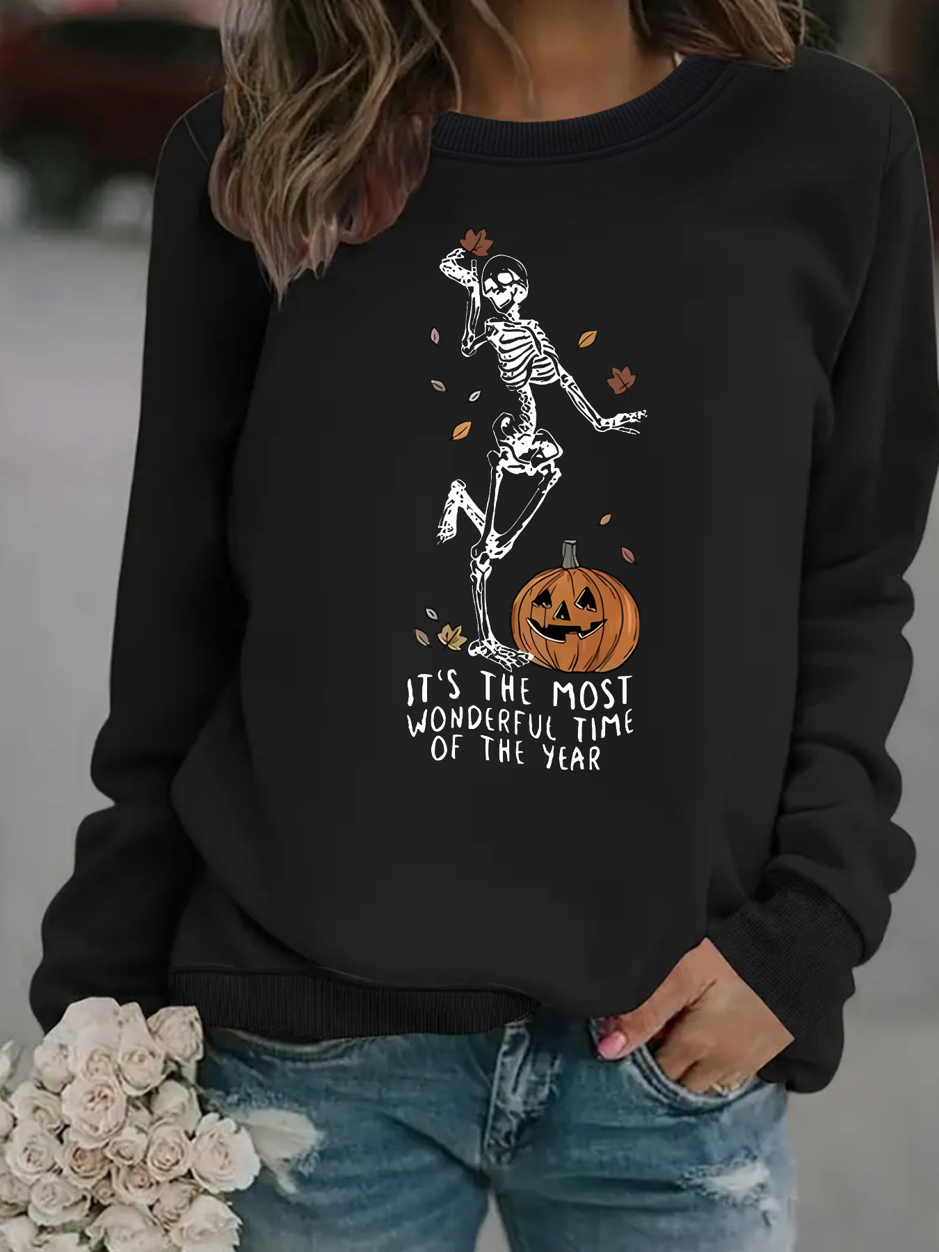 Herren-Sweatshirt mit Kürbis-Totenkopf-Print für Halloween – Gemütlicher Langarm-Pullover mit Rundhalsausschnitt für Damen und Herren (verschiedene Farben und Größen)_voghion.com