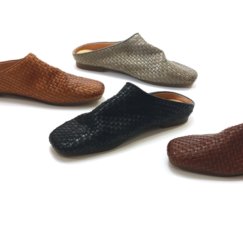 Minimalist Handmade Horsehide Design Half-Cup Genuine Leather Lazy Flat Breathable Women's Woven Closed-Toe Slippers Zh692-1