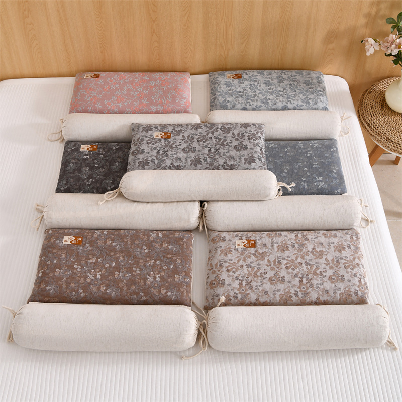 New Buckwheat Pillow Cotton and Linen Retro Style Ink Painting Cylindrical Combination Pillow Cervical Spine Stretching Adjustable Hard Pillow Core