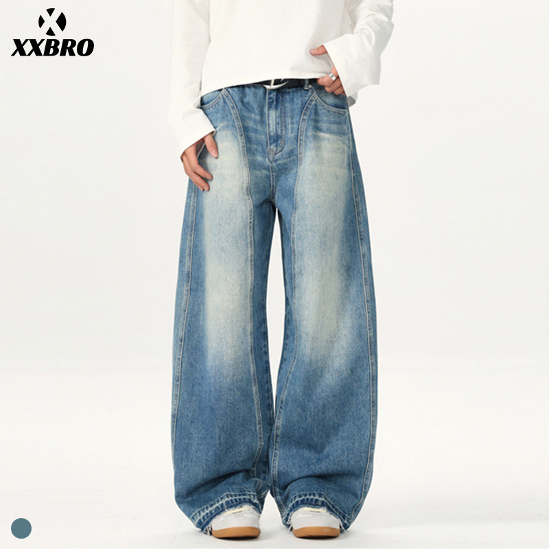 Muxi Clothing # American High Street Style Distressed Washed Patchwork Curved Jeans for Men, Cool and Stylish Couple's Pants.