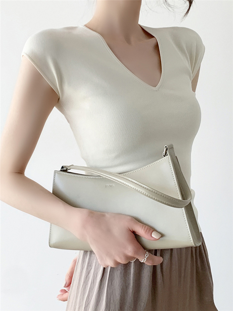 7065 Summer New Arrival French Style Retro Off-white V-neck Flying Sleeve Slim-fit Slimming Cool Breathable Short-sleeved T-shirt for Women