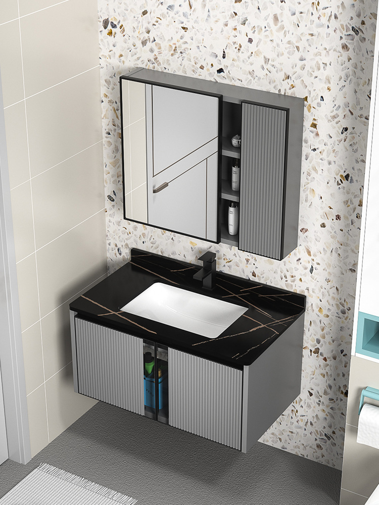 Moderno minimalista espacio gabinete de baño de aluminio espejo gabinete combinación baño lavabo integrado lavabo de cerámica mesa de lavado