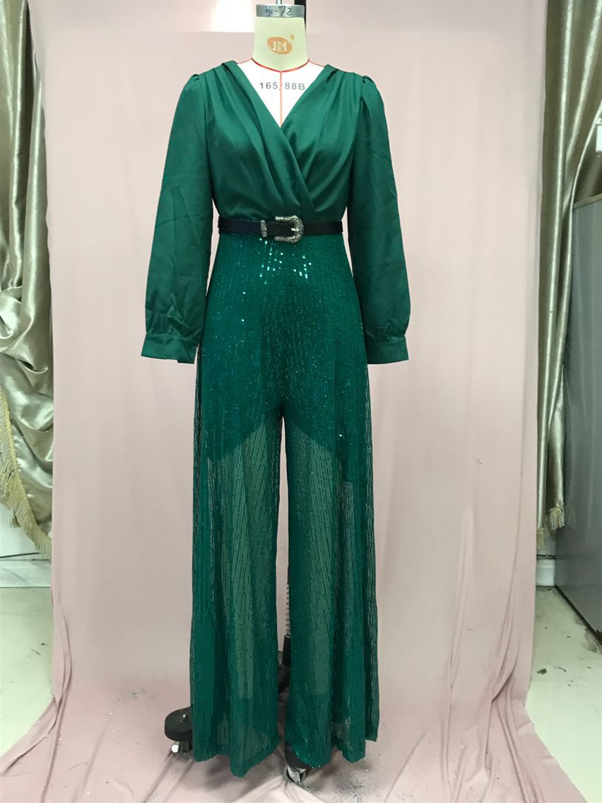 Elegant Women's Jumpsuit With Sequin Detail And V-neck Design_voghion.com