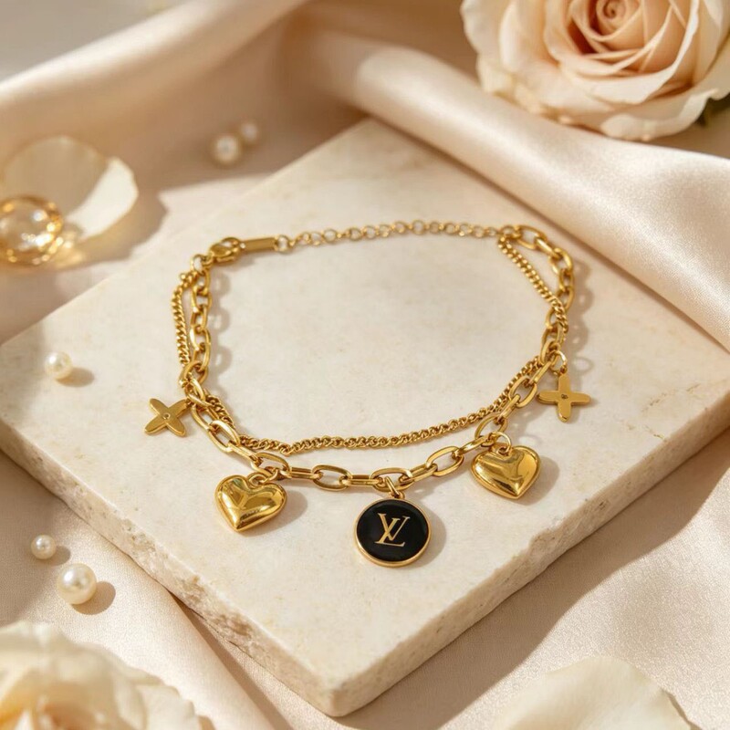 Light Luxury Style Stainless Steel Double-Layer Chain Bracelet with Black Resin Lv Round Tag, Double Heart, and Four-Leaf Clover, Popular Influencer Style Bracelet Light Luxury Style Stainless Steel Double-Layer Chain Bracelet with Black Resin Lv Round Tag, Double Heart, and Four-Leaf Clover, Popular Influencer Style Bracelet