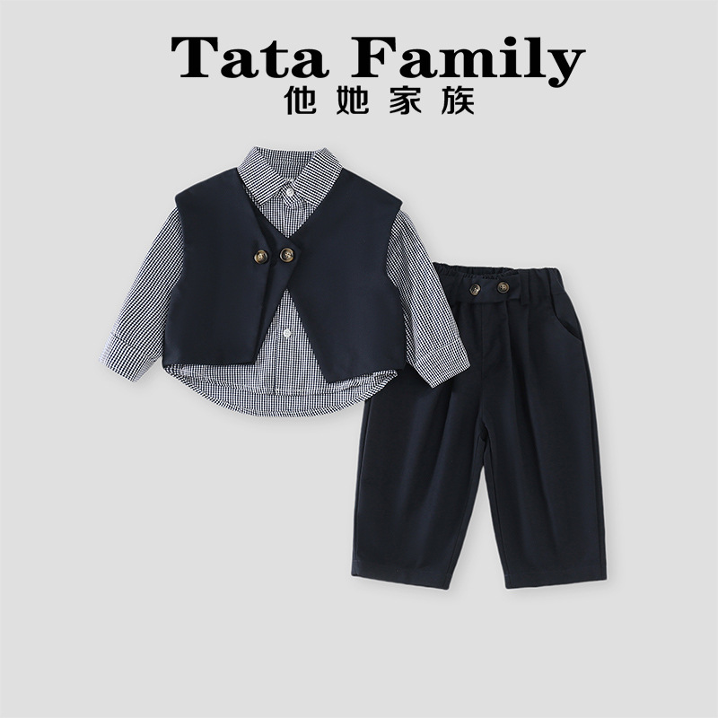 2025 Boy Baby Fashion Casual Casual Children's Clothing Vest Shirt Fashionable Long Sleeve Suit Three-Piece Suit