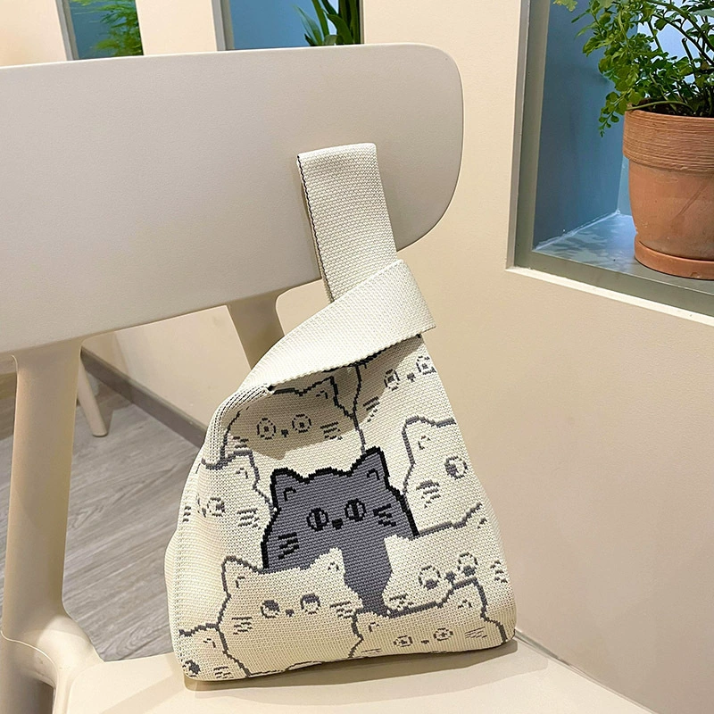 Knitted One-Shoulder Small Shoulder Bag, Cute Cat Pattern, Korean Style, Lightweight