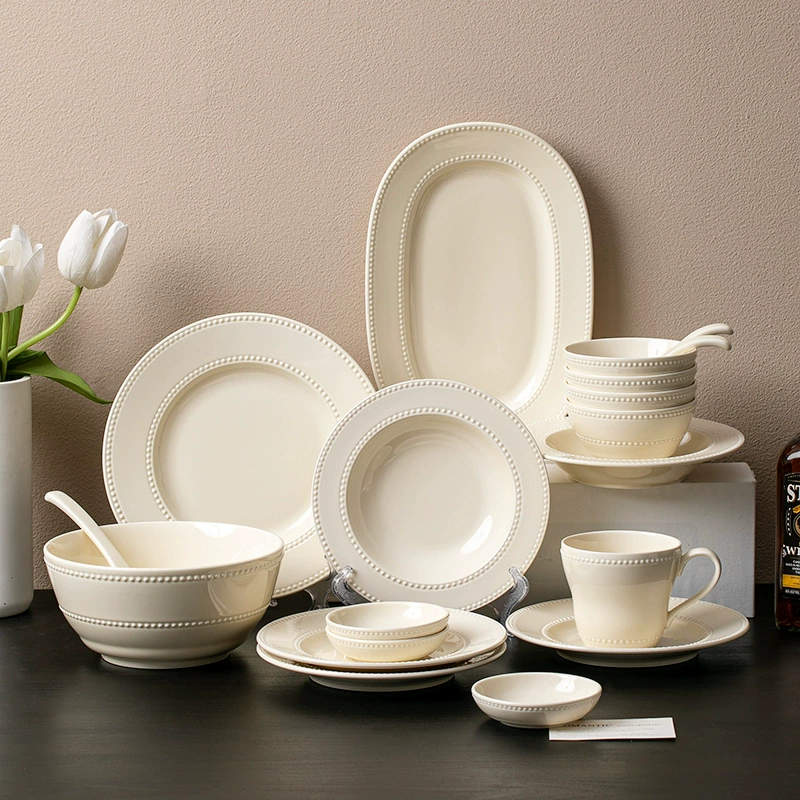 Tableware soup bowl set, bead‑edge design, assorted pieces (spoons, bowls, plates)