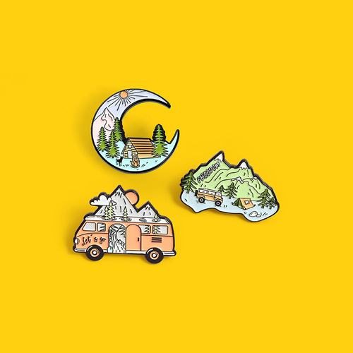 Customized New Style Creative Landscape Picture Moon-Shaped Brooch Personality Bus Accessories Mountain Decor Brooch