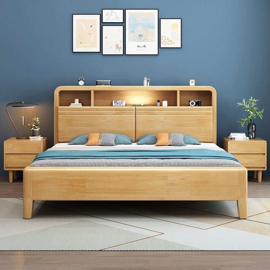 Cama de madera maciza 1,8 m cama doble con luz de noche moderna simple 1,5 m caja de almacenamiento nórdico Cama grande fábrica directa ventas