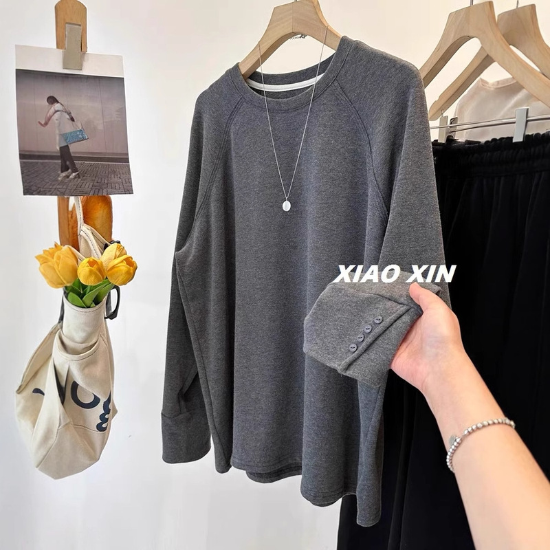 Plus Size 150kg Sweatshirt-Style T-Shirt with Side Slits, Loose Casual Mid-Length Round-Neck Women's Top, Loose Fit