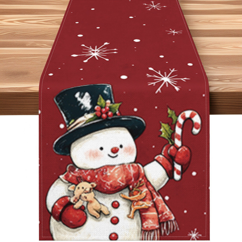 Camino de mesa navideño con estampado de muñeco de nieve y Santa