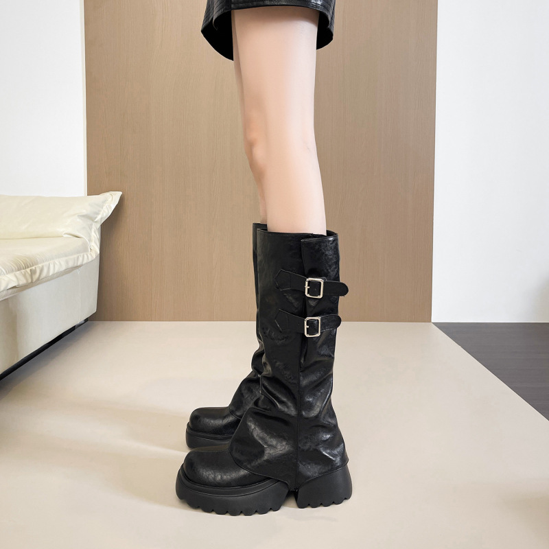 现货两穿长筒靴女2025春秋不过膝长靴小个子增高厚底骑士靴裤管靴|undefined
