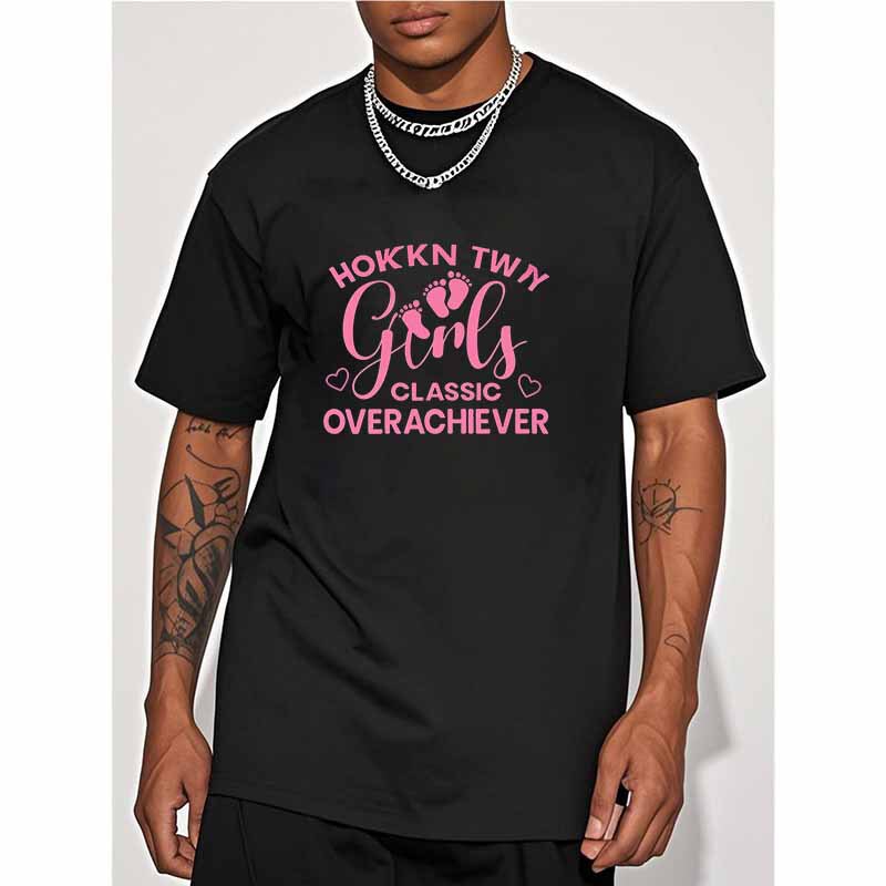 2025 New European Size Cross-Border Amazon Short Sleeve T-Shirt Pink Font Twin Elements Print