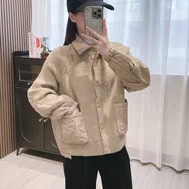 跨境欧货设计感小众毛衣外套女秋冬季新款慵懒风棉服拼接针织开衫