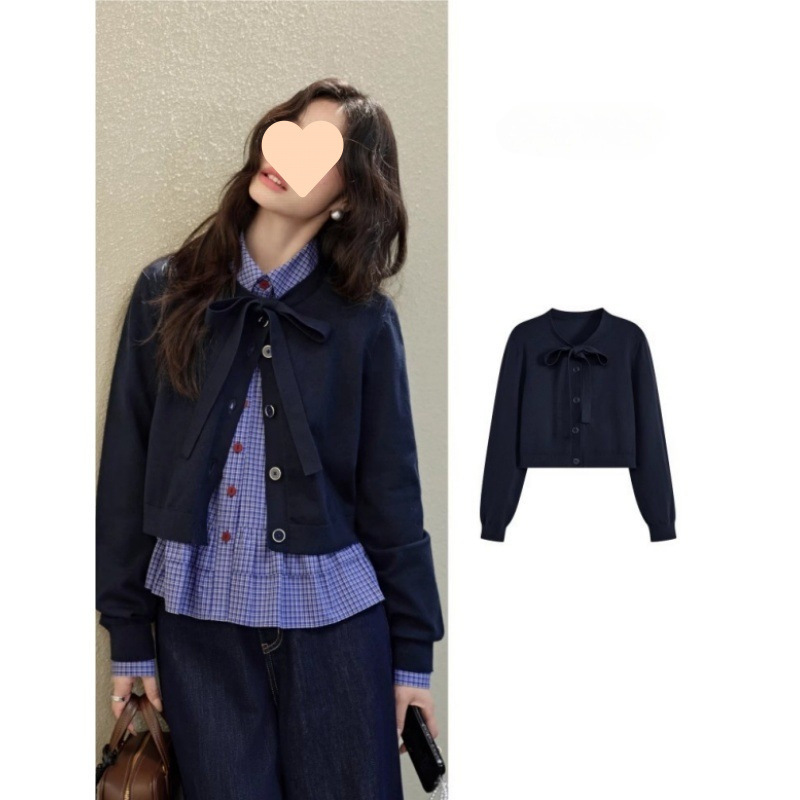 蓝色蝴蝶结针织衫毛衣开衫短外套女2025春季新款小香风上衣秋冬|undefined
