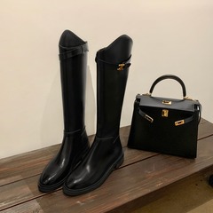 【グレープママと同じスタイル】骨格矯正レベル～ラウンドトゥ斜め口凱旋門バックル付き太ヒールハイブーツレディースロングブーツ