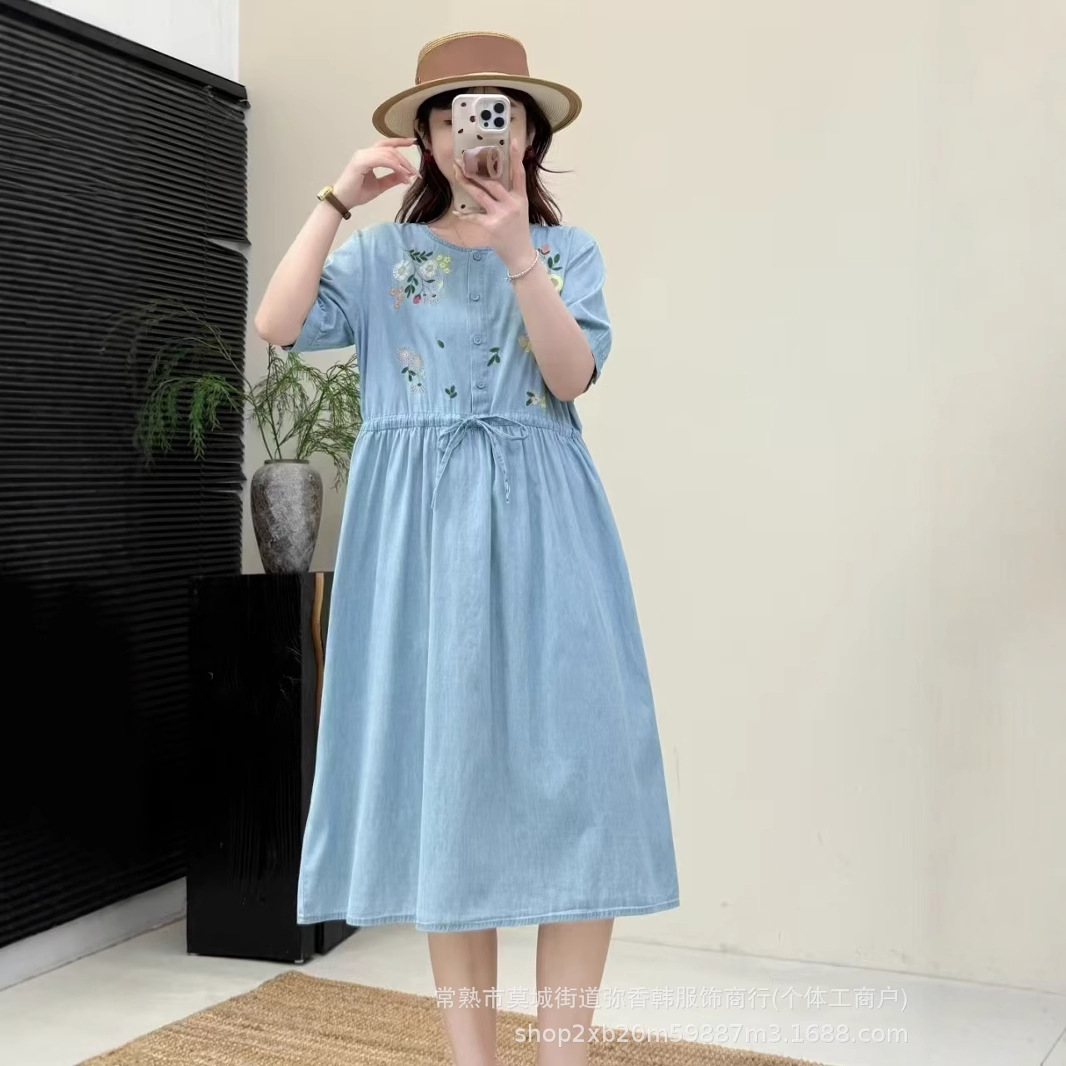 日系森女民族风刺绣 宽松大版女士短袖连衣裙牛仔裙