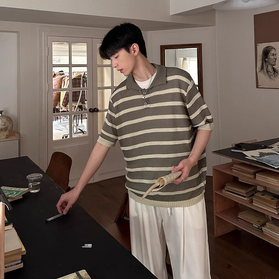 Verano nuevo estilo suéter de manga corta hombres rayas hueco transpirable camisa POLO negocio marea coreano comercio exterior transfronterizo al por mayor