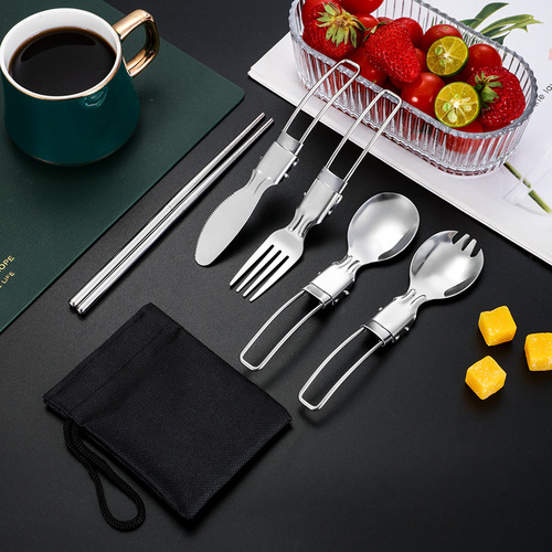 304 stainless steel foldable cutlery set with knife, fork, spoon, detachable chopsticks, outdoor portable cutlery bag