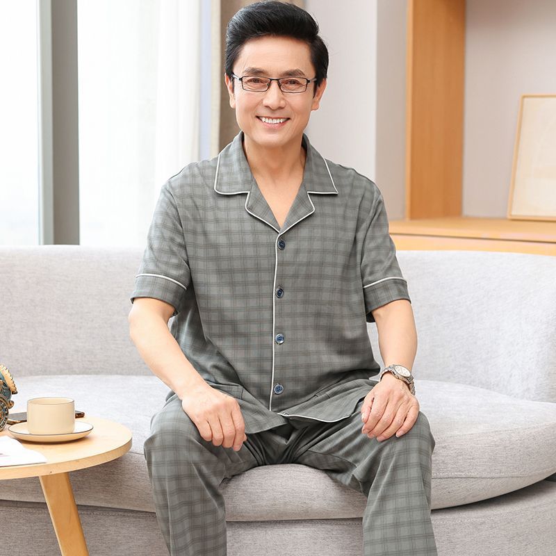 Papá pijamas de verano de algodón para hombres de manga corta delgada de verano pantalones largos de media manga para hombres de mediana edad set de ropa para el hogar