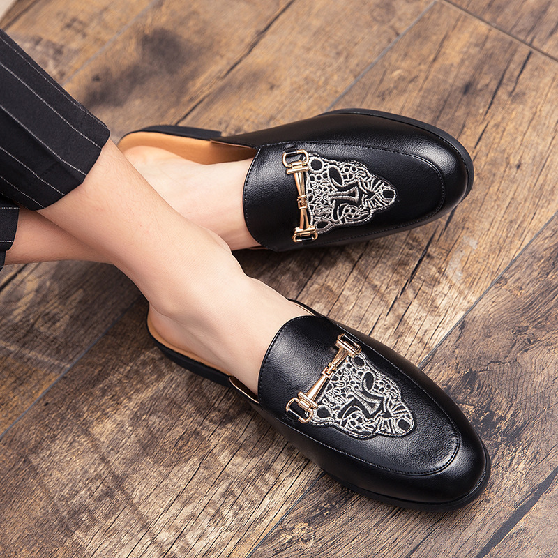 2021 Spring/Summer New Loafers Shiny Leather Half Slippers Trendy Breathable Casual Men's Shoes Fashion Embroidery_vogvips.com