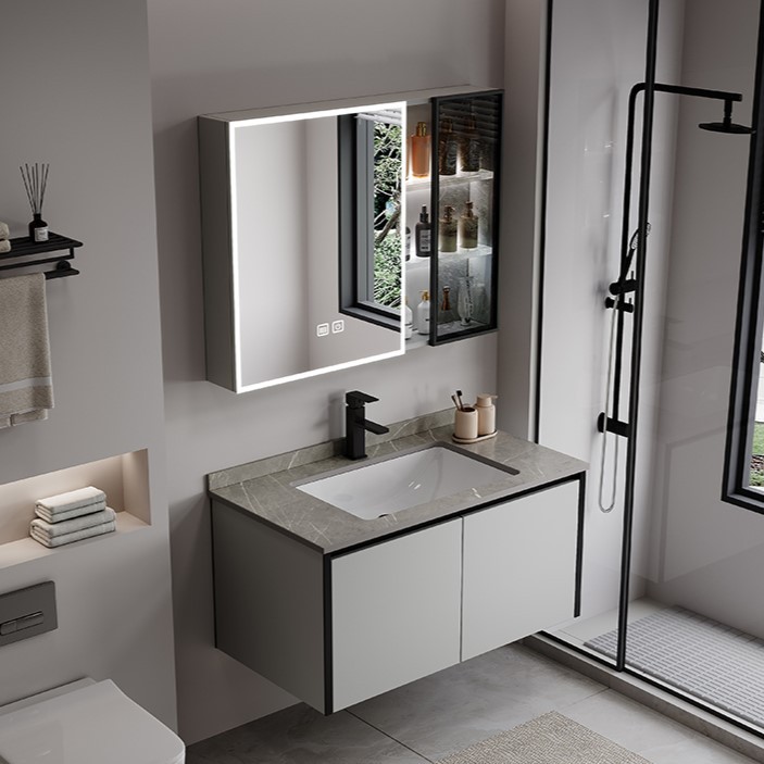 Gabinete de baño de abeja de aire de crema, lavabo cerámico integral, gabinete de lavabo combinado simple, lavabo inteligente de baño